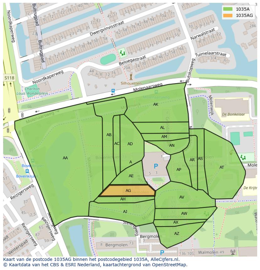 Afbeelding van het postcodegebied 1035 AG op de kaart.