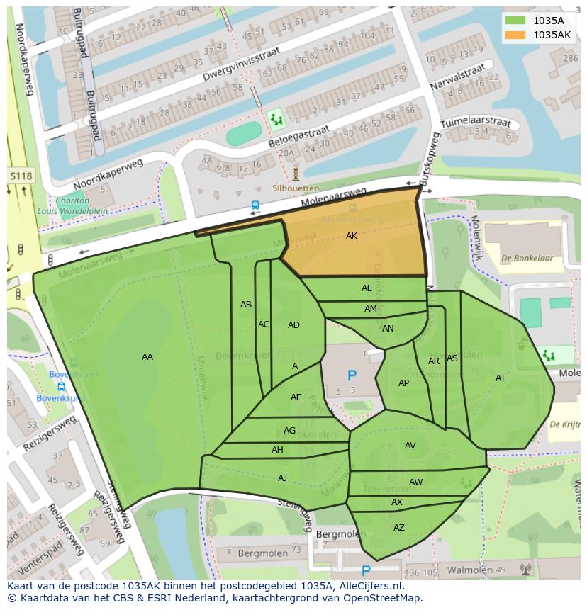 Afbeelding van het postcodegebied 1035 AK op de kaart.