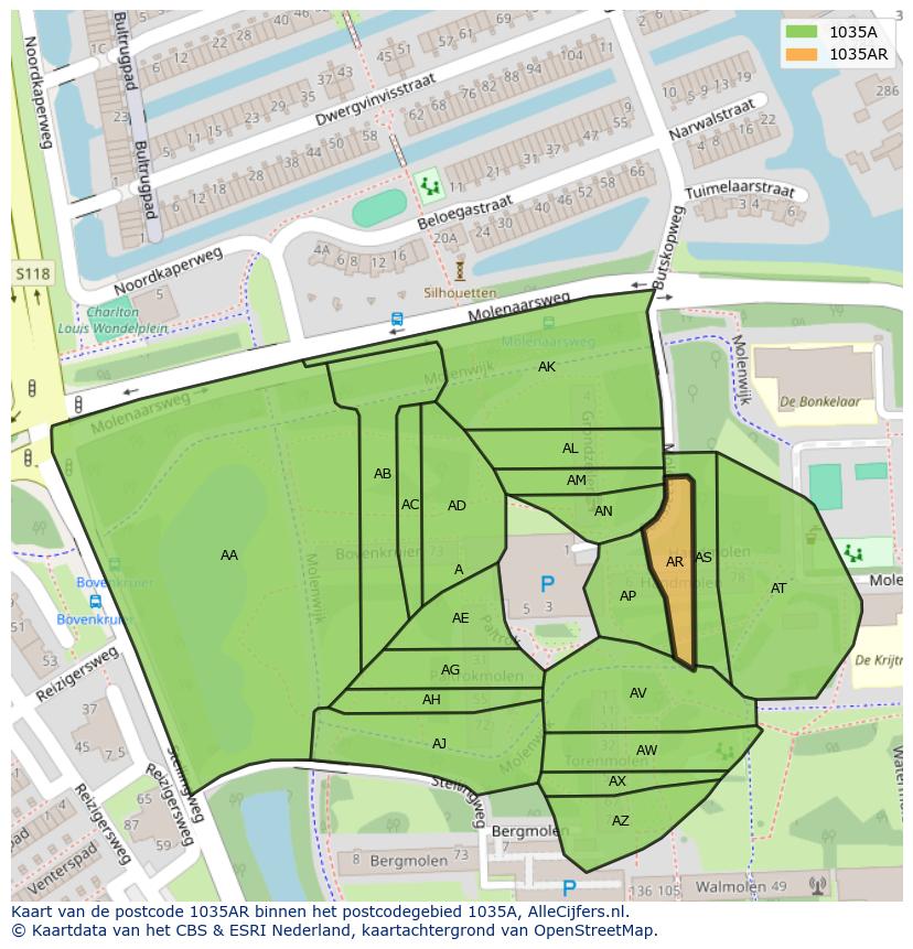 Afbeelding van het postcodegebied 1035 AR op de kaart.