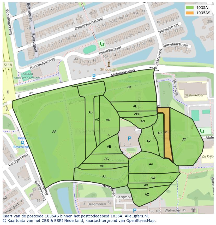 Afbeelding van het postcodegebied 1035 AS op de kaart.