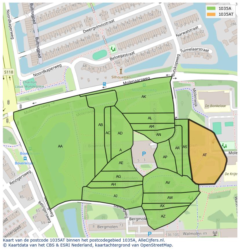 Afbeelding van het postcodegebied 1035 AT op de kaart.