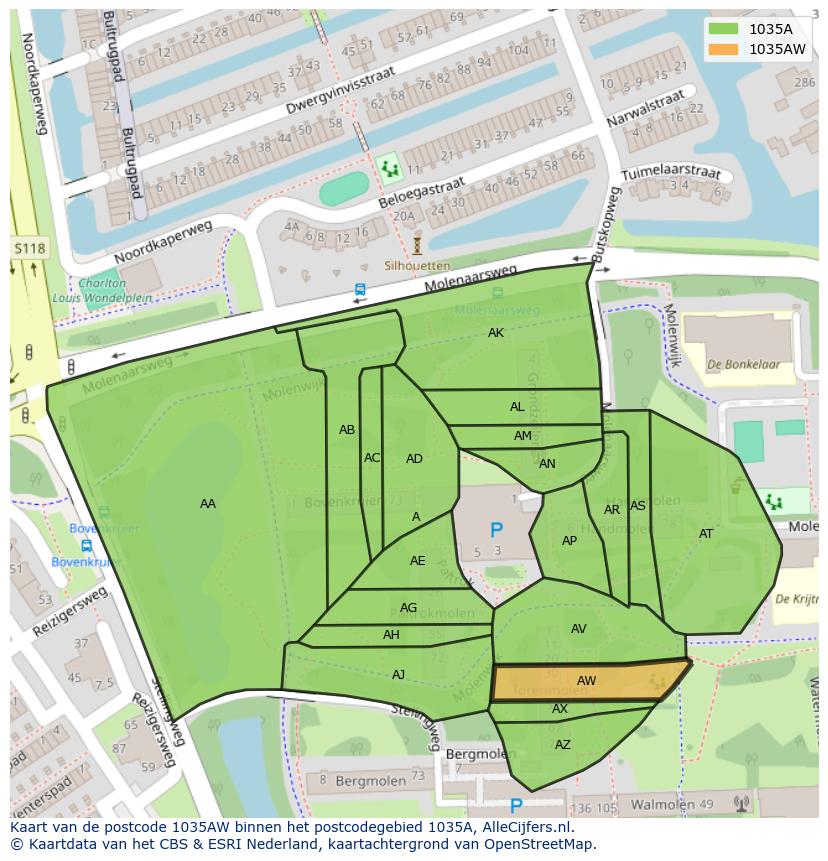 Afbeelding van het postcodegebied 1035 AW op de kaart.
