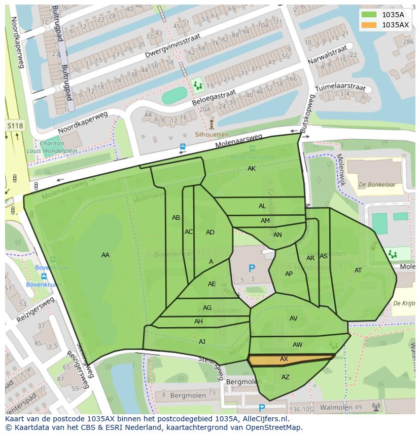 Afbeelding van het postcodegebied 1035 AX op de kaart.