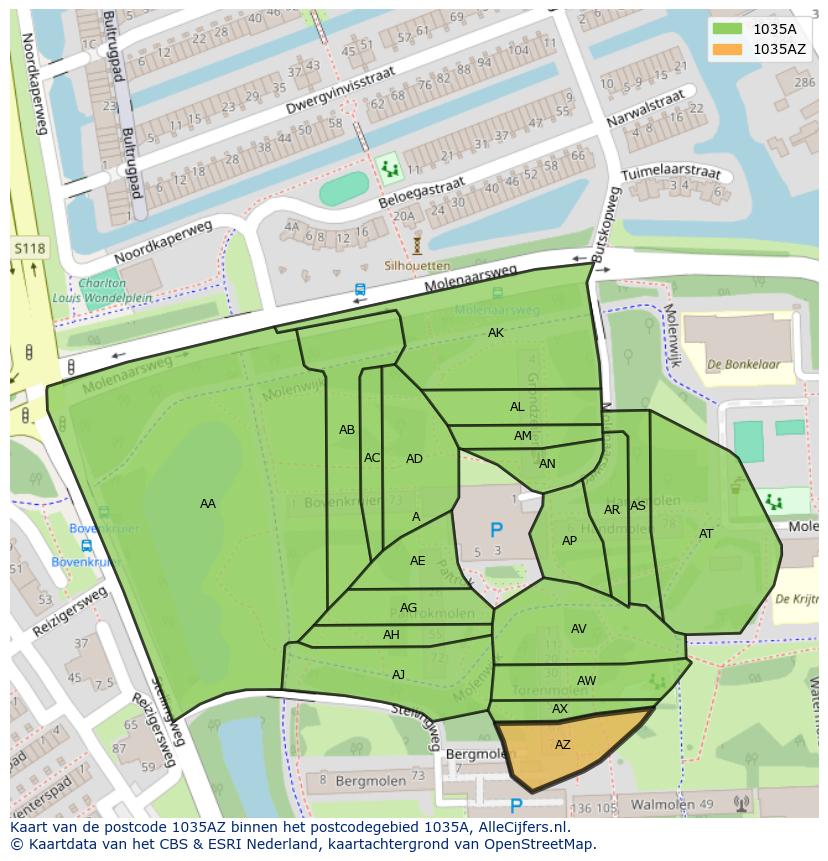 Afbeelding van het postcodegebied 1035 AZ op de kaart.