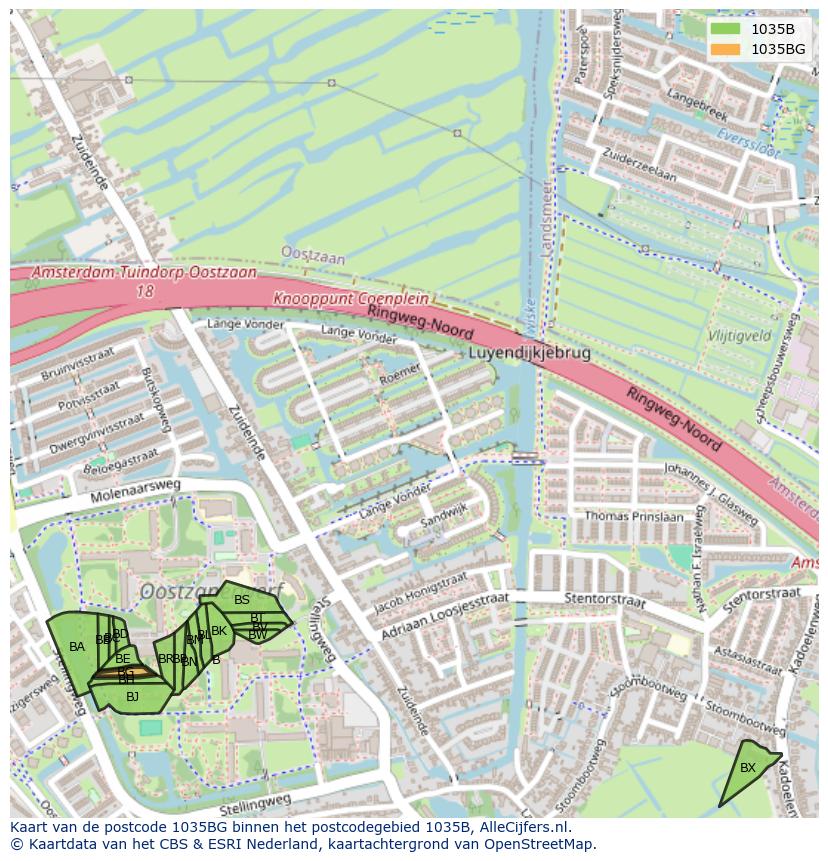 Afbeelding van het postcodegebied 1035 BG op de kaart.