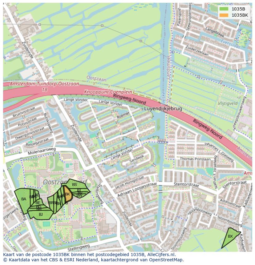 Afbeelding van het postcodegebied 1035 BK op de kaart.