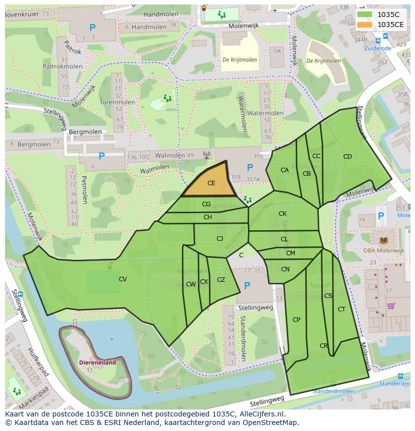 Afbeelding van het postcodegebied 1035 CE op de kaart.