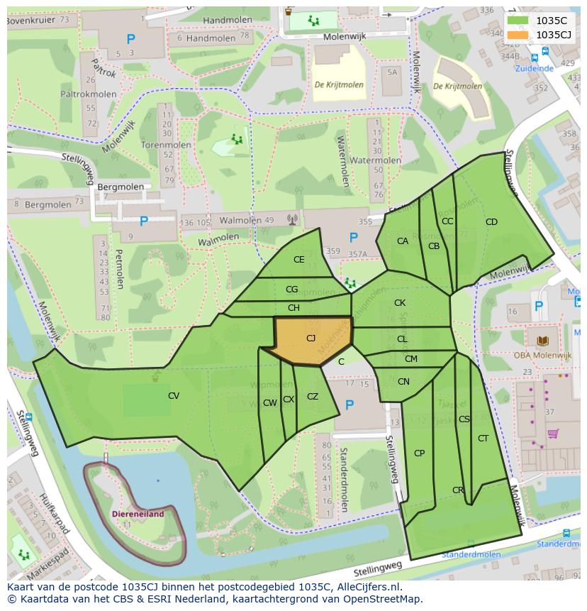 Afbeelding van het postcodegebied 1035 CJ op de kaart.