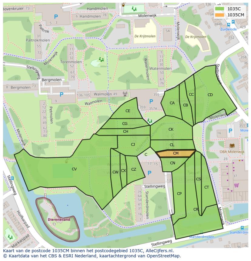 Afbeelding van het postcodegebied 1035 CM op de kaart.