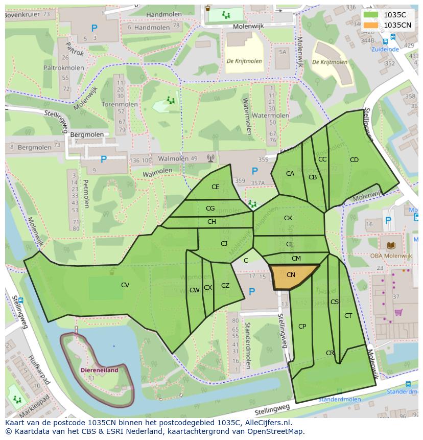 Afbeelding van het postcodegebied 1035 CN op de kaart.