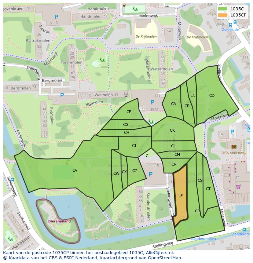 Afbeelding van het postcodegebied 1035 CP op de kaart.