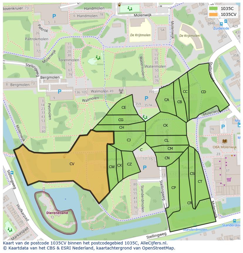 Afbeelding van het postcodegebied 1035 CV op de kaart.