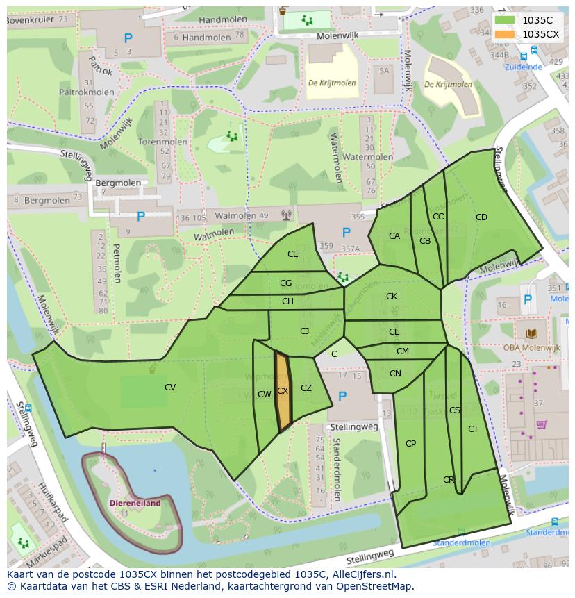 Afbeelding van het postcodegebied 1035 CX op de kaart.