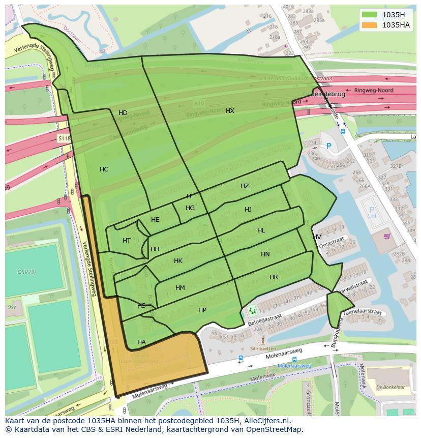 Afbeelding van het postcodegebied 1035 HA op de kaart.