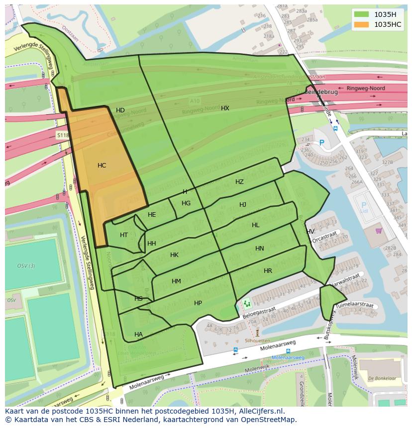Afbeelding van het postcodegebied 1035 HC op de kaart.