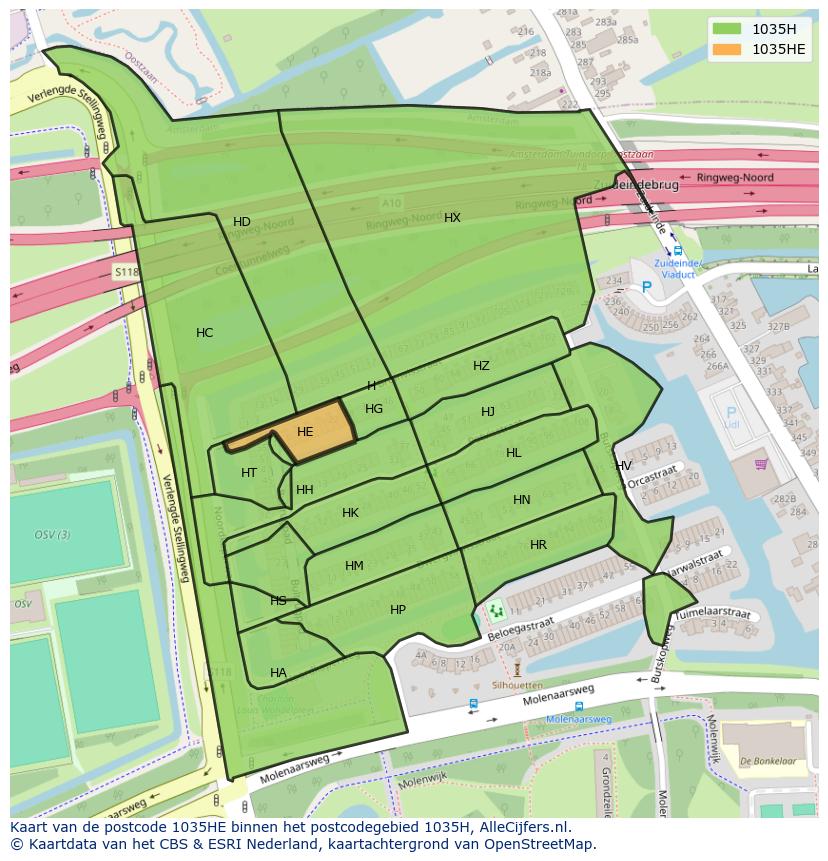 Afbeelding van het postcodegebied 1035 HE op de kaart.
