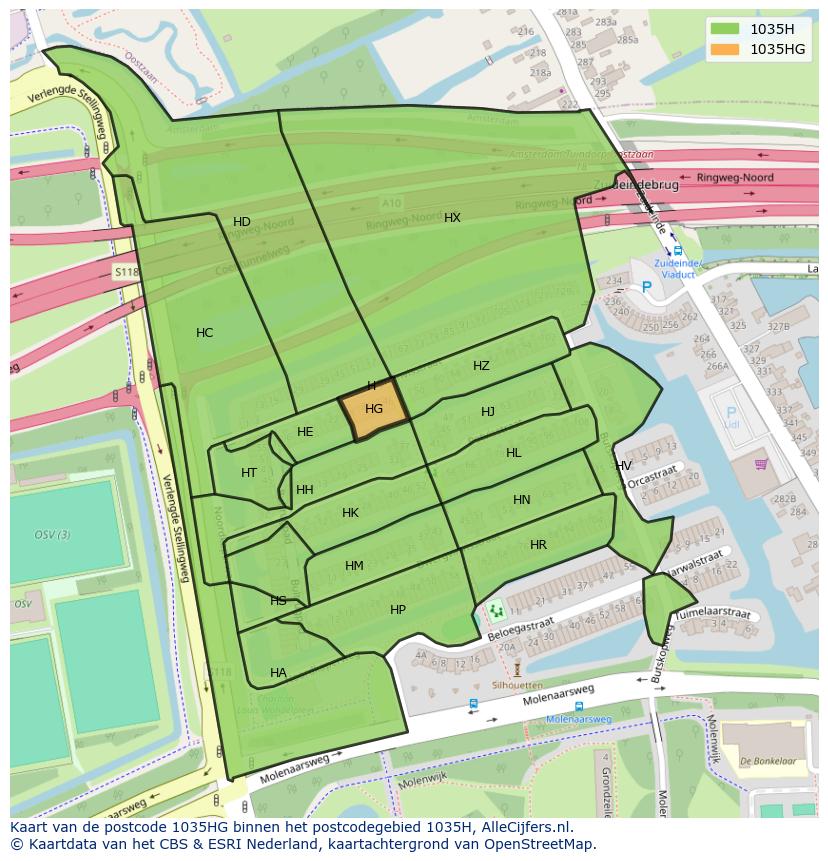 Afbeelding van het postcodegebied 1035 HG op de kaart.