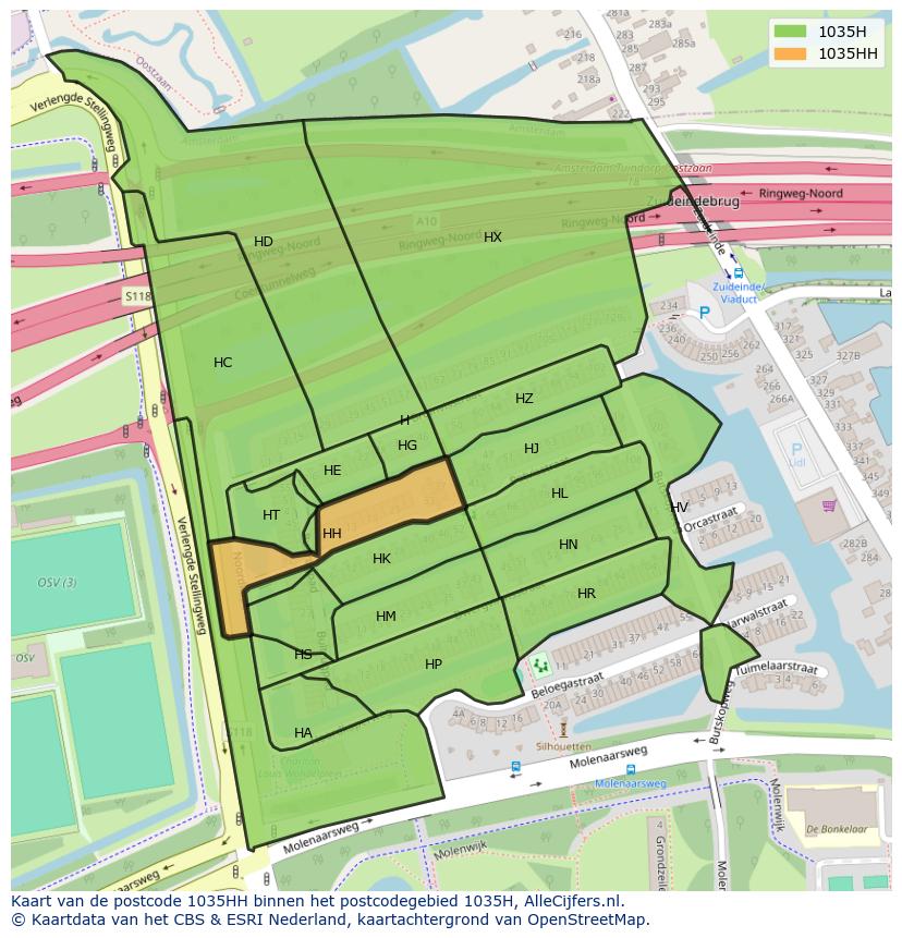 Afbeelding van het postcodegebied 1035 HH op de kaart.