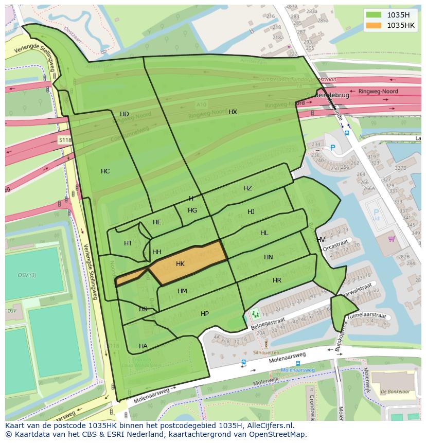 Afbeelding van het postcodegebied 1035 HK op de kaart.