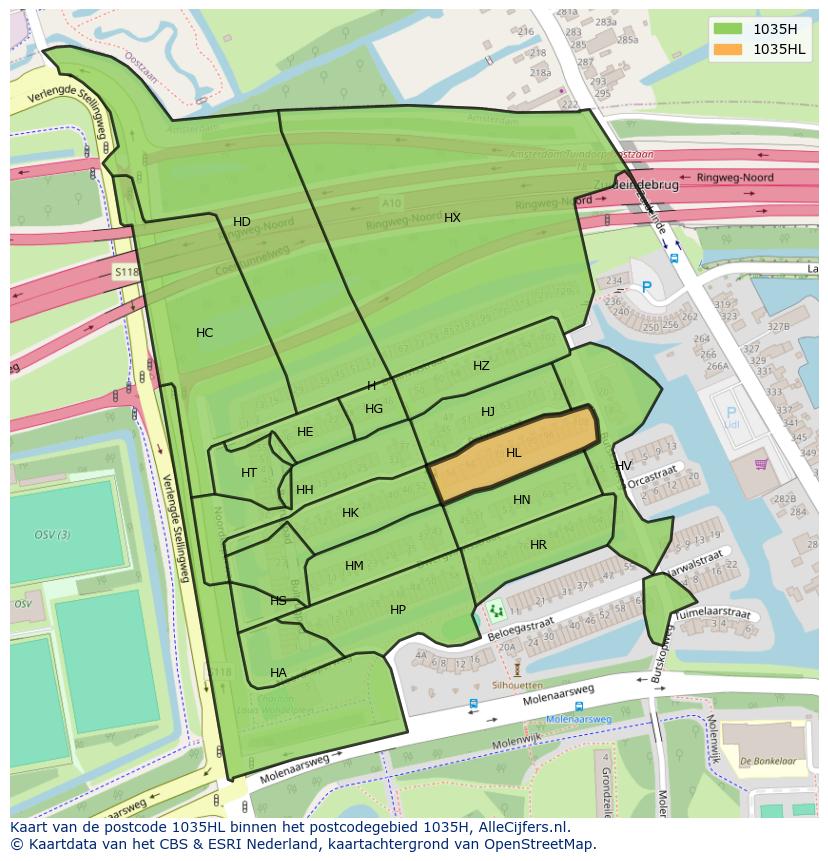 Afbeelding van het postcodegebied 1035 HL op de kaart.