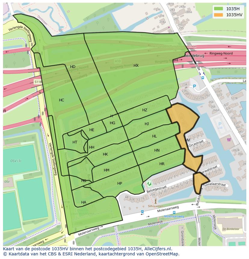 Afbeelding van het postcodegebied 1035 HV op de kaart.