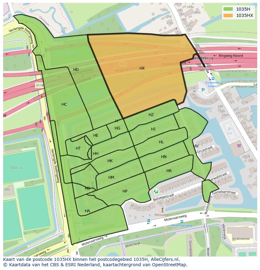 Afbeelding van het postcodegebied 1035 HX op de kaart.