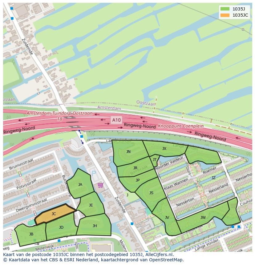 Afbeelding van het postcodegebied 1035 JC op de kaart.