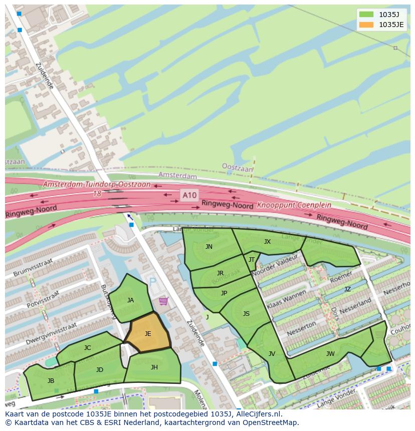 Afbeelding van het postcodegebied 1035 JE op de kaart.