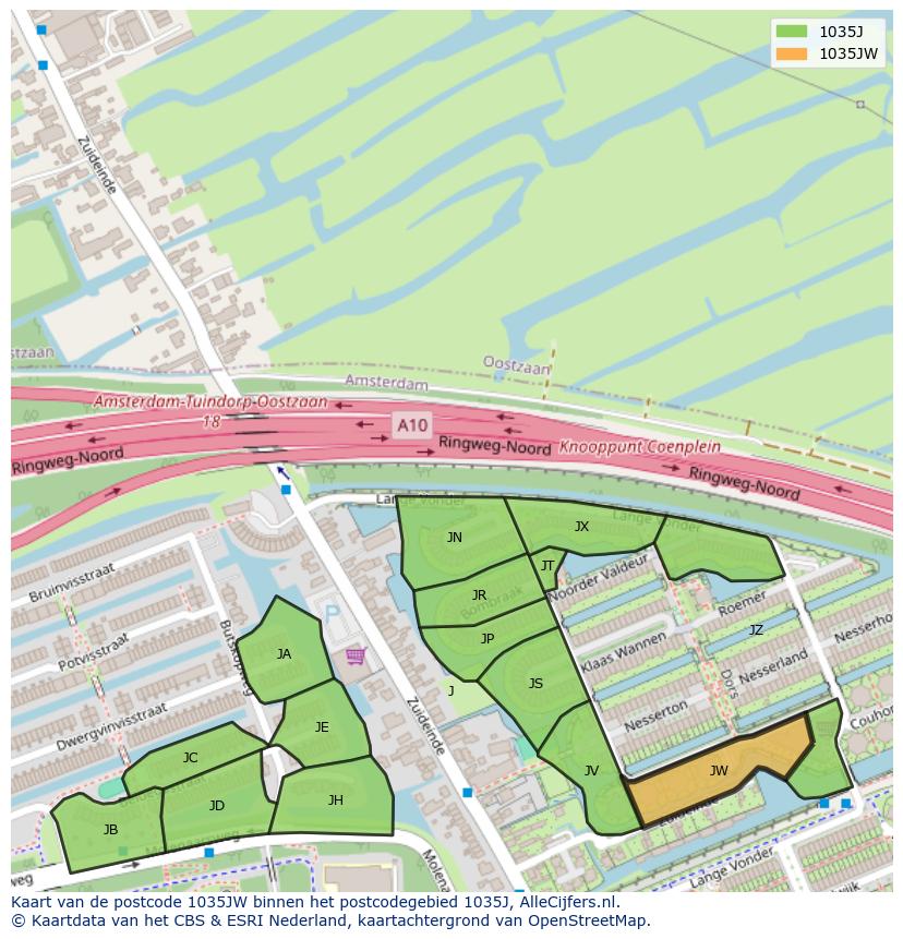 Afbeelding van het postcodegebied 1035 JW op de kaart.