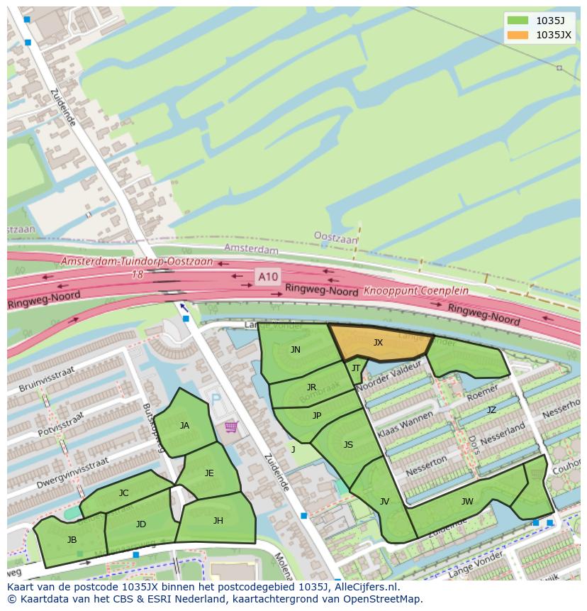 Afbeelding van het postcodegebied 1035 JX op de kaart.
