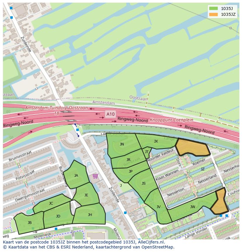 Afbeelding van het postcodegebied 1035 JZ op de kaart.