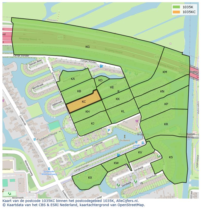 Afbeelding van het postcodegebied 1035 KC op de kaart.
