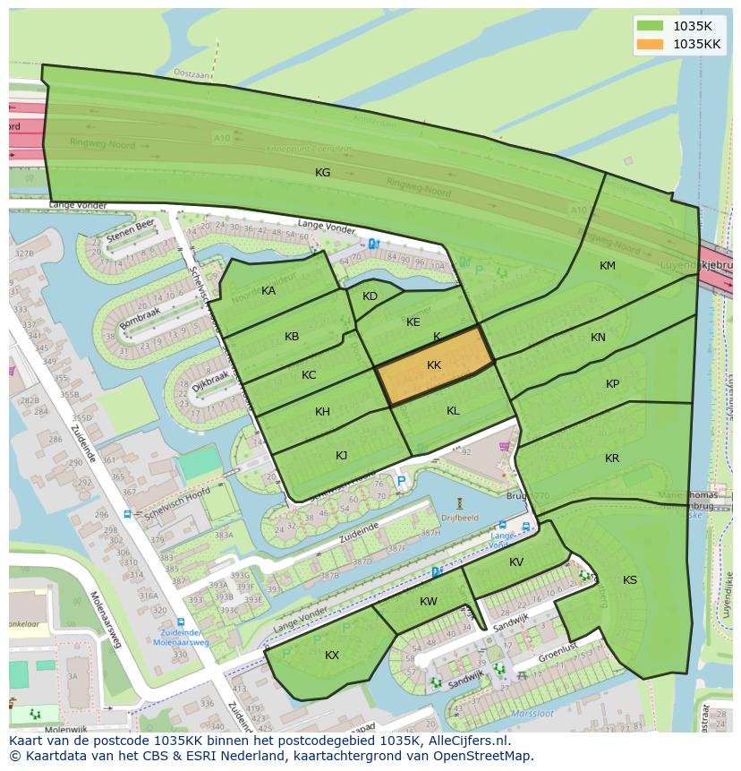 Afbeelding van het postcodegebied 1035 KK op de kaart.