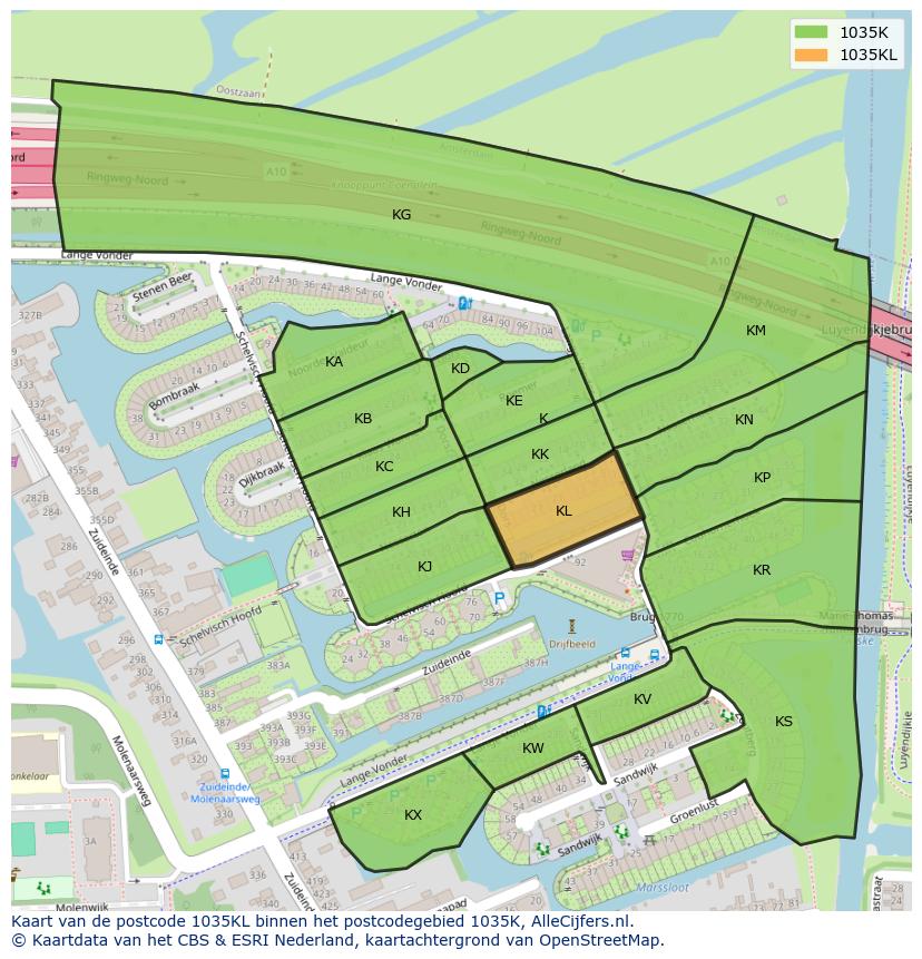 Afbeelding van het postcodegebied 1035 KL op de kaart.