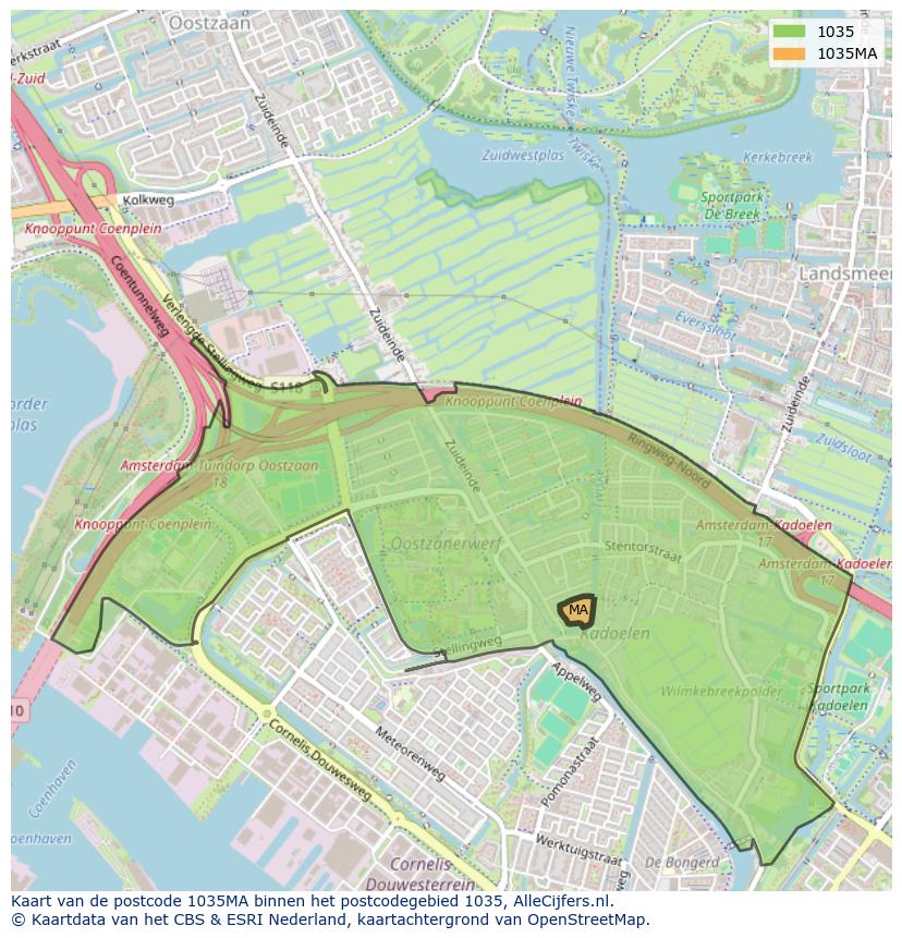 Afbeelding van het postcodegebied 1035 MA op de kaart.