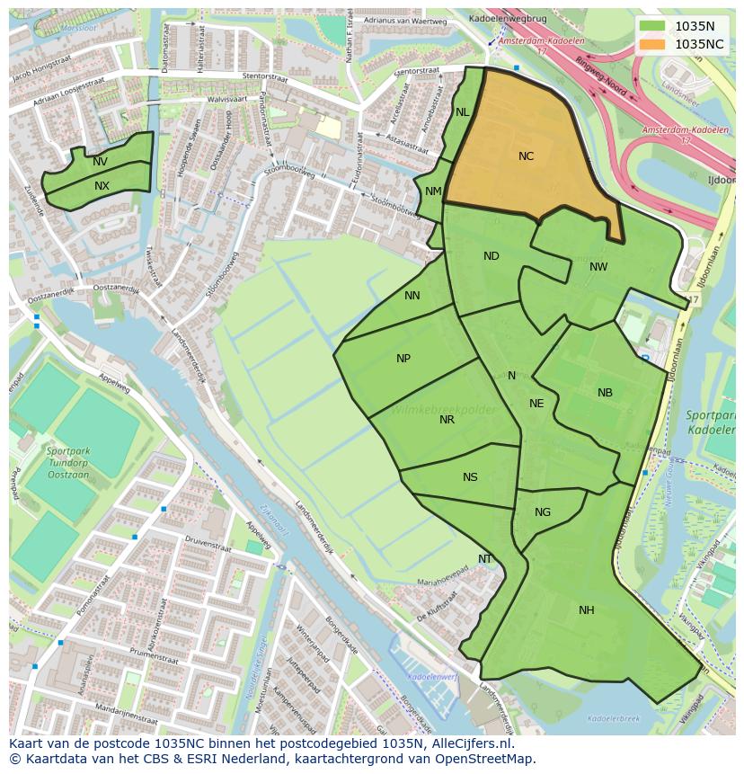 Afbeelding van het postcodegebied 1035 NC op de kaart.