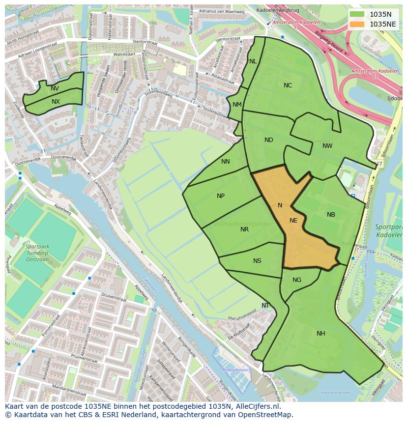 Afbeelding van het postcodegebied 1035 NE op de kaart.
