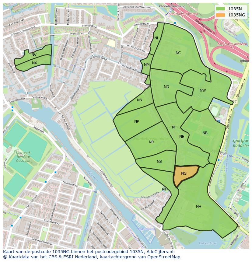 Afbeelding van het postcodegebied 1035 NG op de kaart.