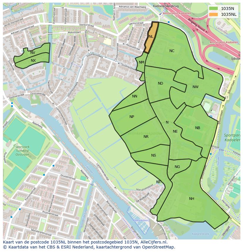 Afbeelding van het postcodegebied 1035 NL op de kaart.