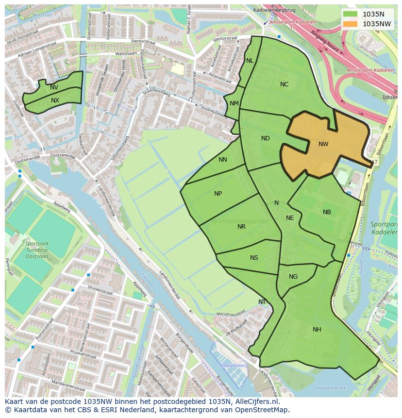 Afbeelding van het postcodegebied 1035 NW op de kaart.
