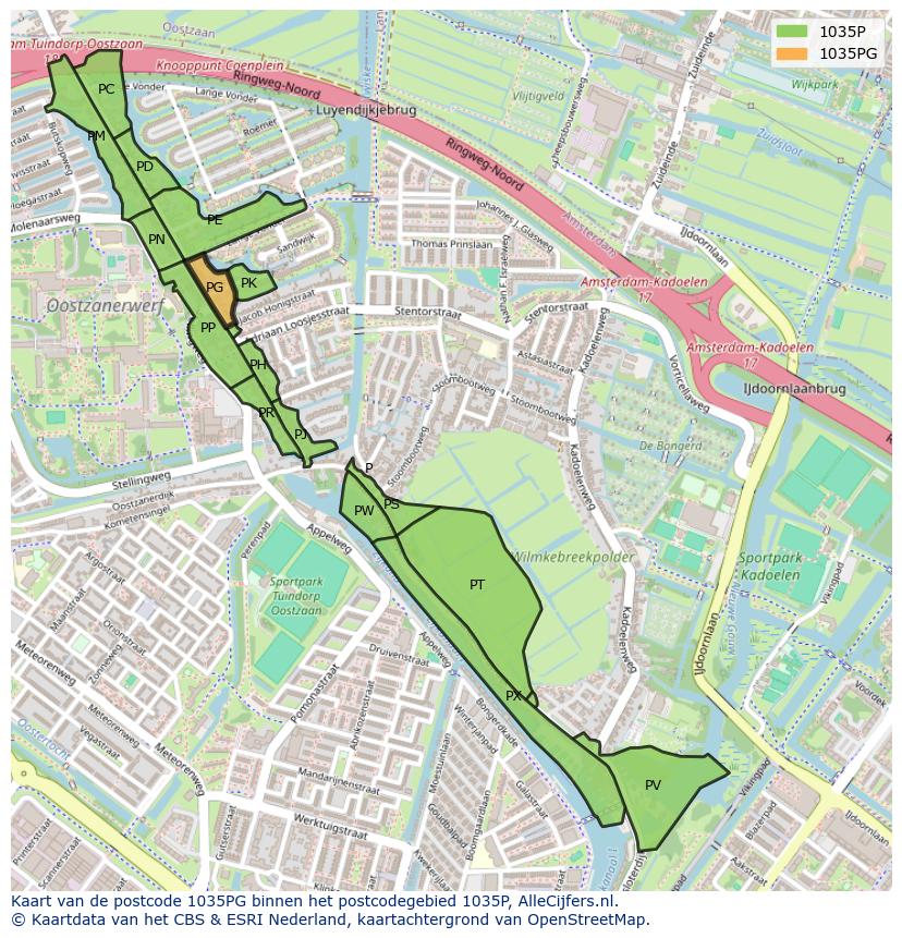 Afbeelding van het postcodegebied 1035 PG op de kaart.