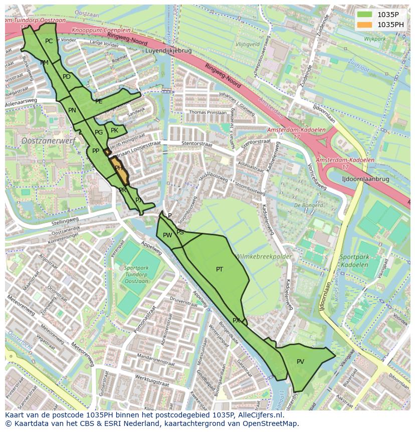 Afbeelding van het postcodegebied 1035 PH op de kaart.