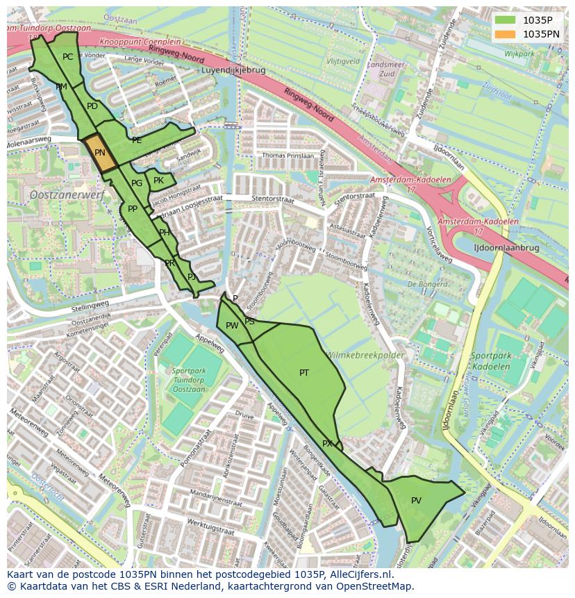 Afbeelding van het postcodegebied 1035 PN op de kaart.