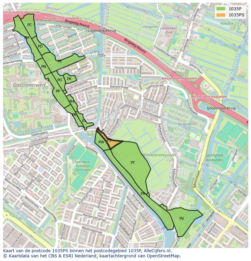 Afbeelding van het postcodegebied 1035 PS op de kaart.