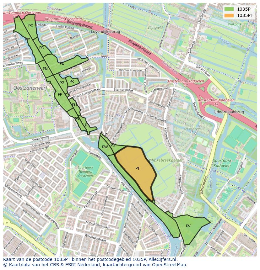 Afbeelding van het postcodegebied 1035 PT op de kaart.