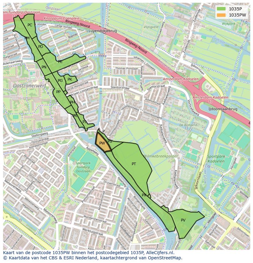 Afbeelding van het postcodegebied 1035 PW op de kaart.