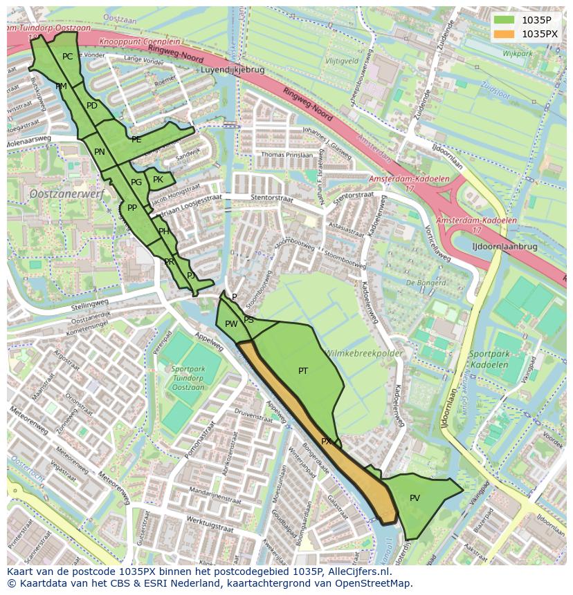 Afbeelding van het postcodegebied 1035 PX op de kaart.
