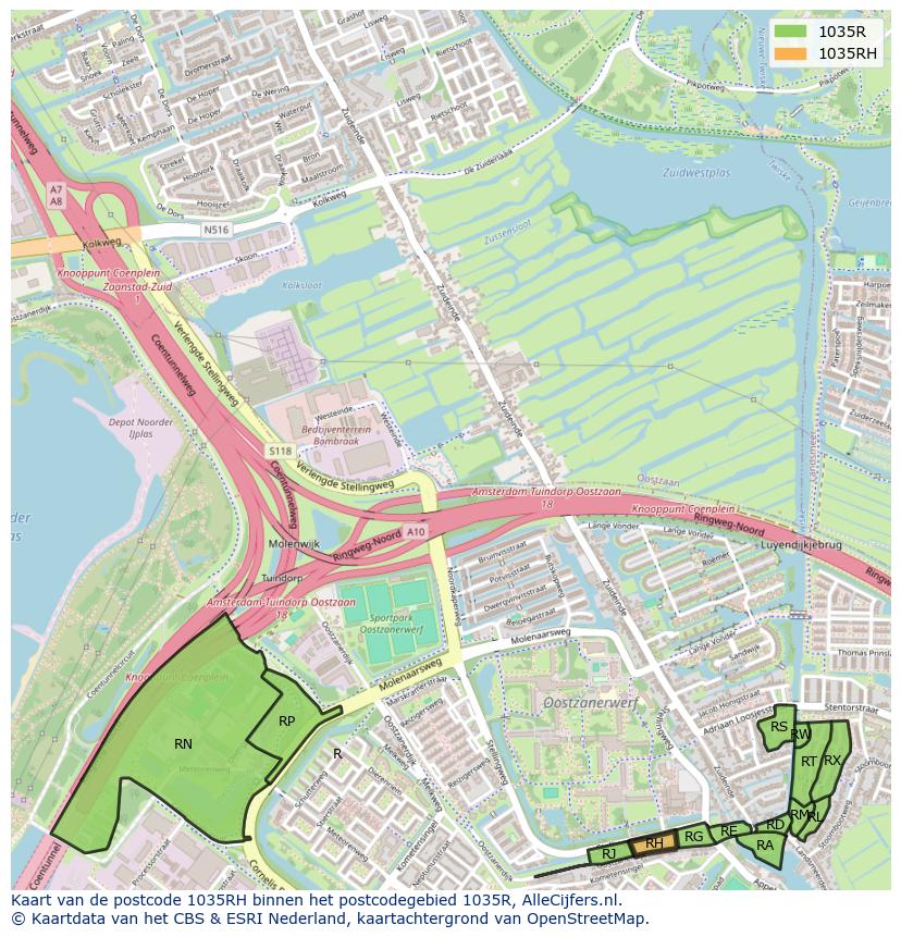 Afbeelding van het postcodegebied 1035 RH op de kaart.
