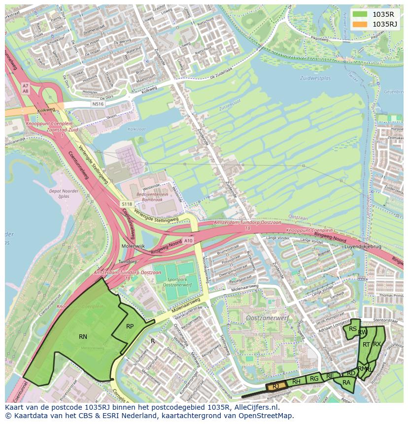 Afbeelding van het postcodegebied 1035 RJ op de kaart.