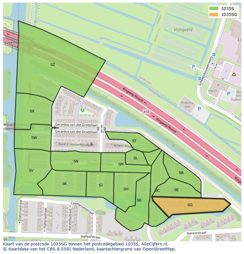 Afbeelding van het postcodegebied 1035 SG op de kaart.